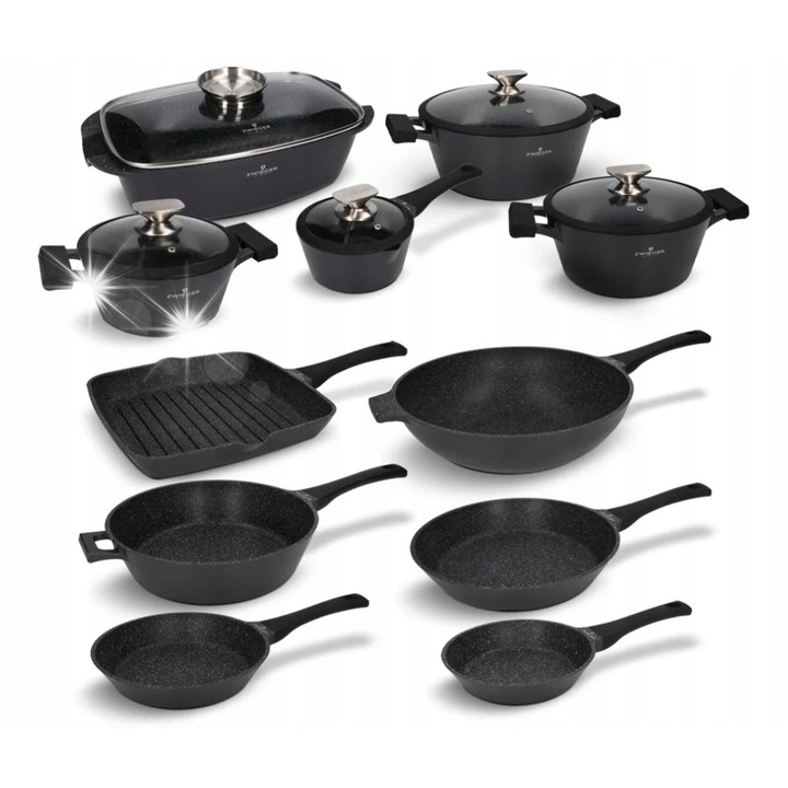 Zwieger Black Stone edény- és serpenyőkészlet, 16 részes, fekete, különböző méretek