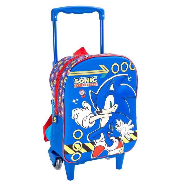 Troler școlar Sonic, 3D, compartiment mare, 2 buzunare laterale, multicolor, 38.5x28x13.5cm