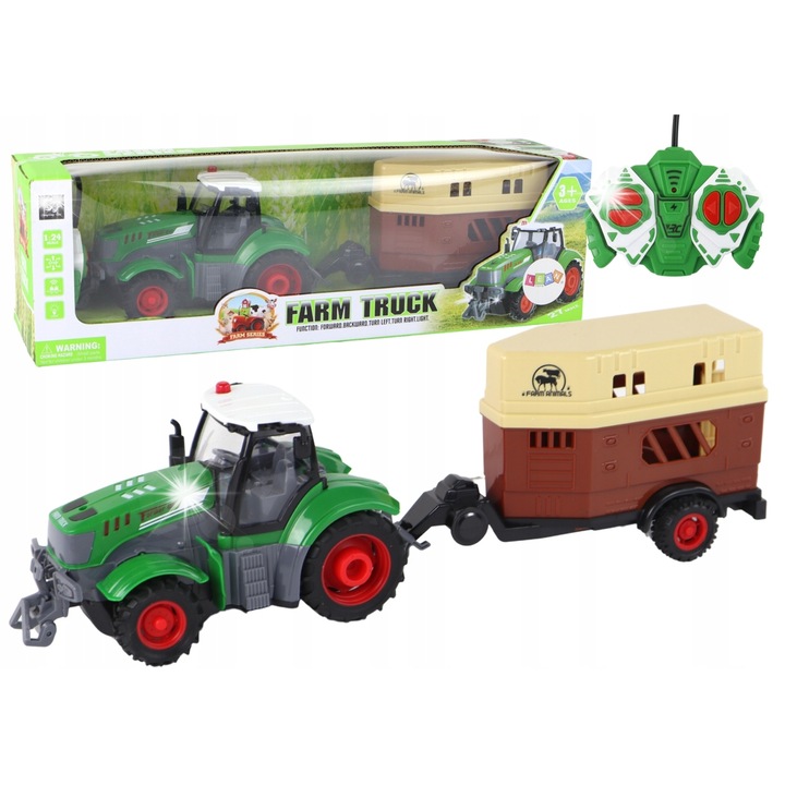 Tractor jucarie cu telecomanda LEAN Toys 1:24 verde cu remorca maro 46x14x12cm