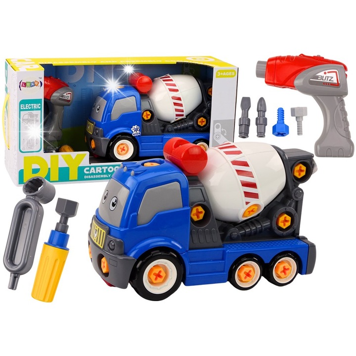 Camion betoniera de jucarie, albastru, LEAN Toys, 27.5x18x13.5cm, set DIY cu scule