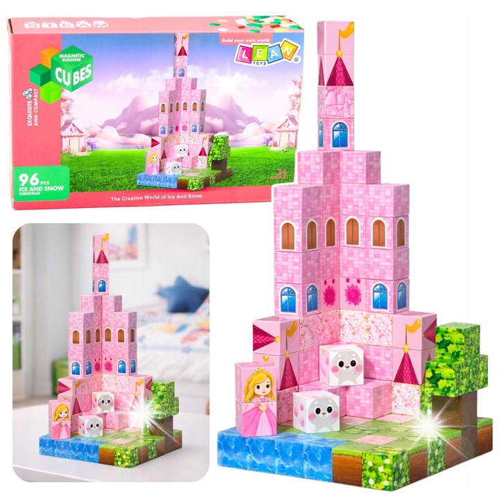 Set constructie magnetica Lean Toys, 96 piese, cuburi pixel, castel, multicolor, 21x13.5x5cm
