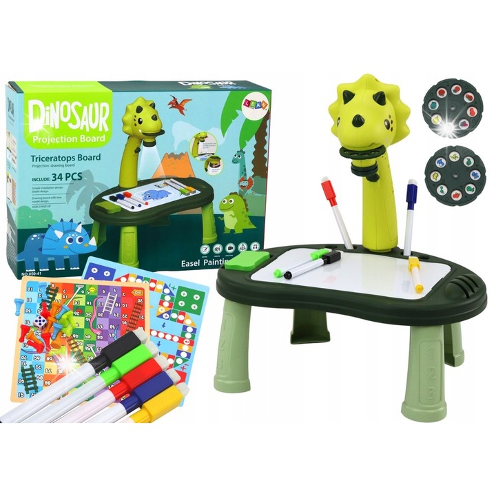 Dinoszaurusz rajzprojektor LEAN Toys zöld 37x34x22cm 2 az 1-ben játékszett