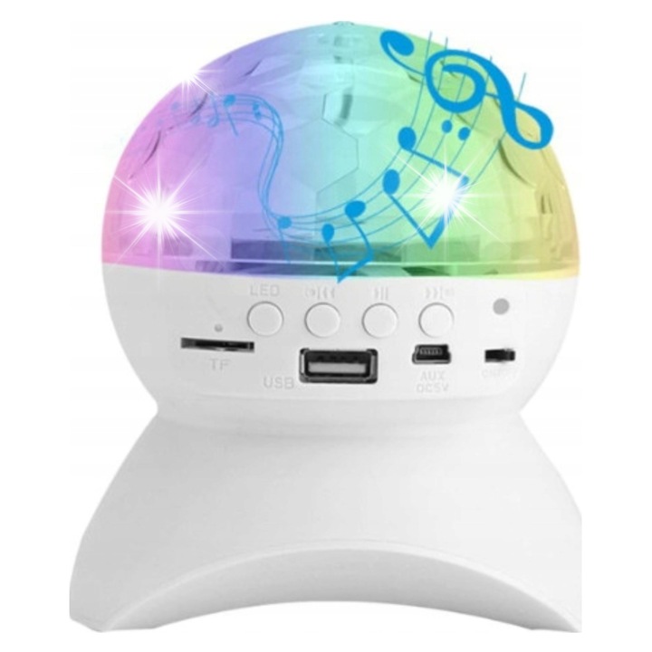 LED RGB diszkó projektor, 10W, fehér, 360°, 4h, USB, szett