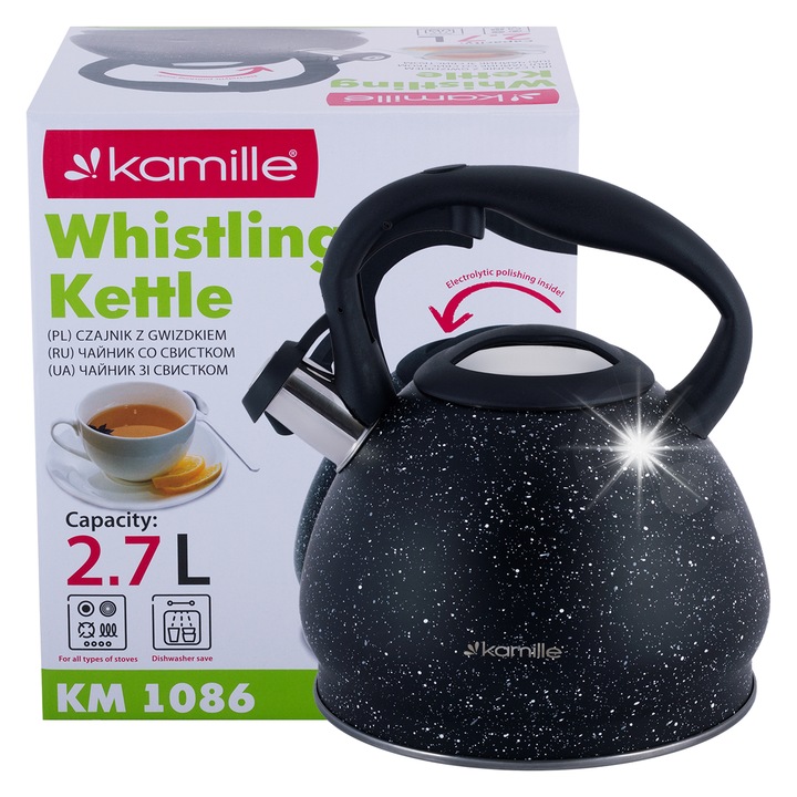 Kamille 2,7L rozsdamentes acél márványos fütyülős teáskanna indukciós bakelit fogantyúval
