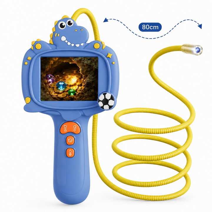 Camera Endoscop pentru Copii Twinkle Twins, cu Lumina LED, Ecran, Foto/Video, Portabila, Cablu Flexibil 80 cm, Explorare Zone Intunecate, albastru