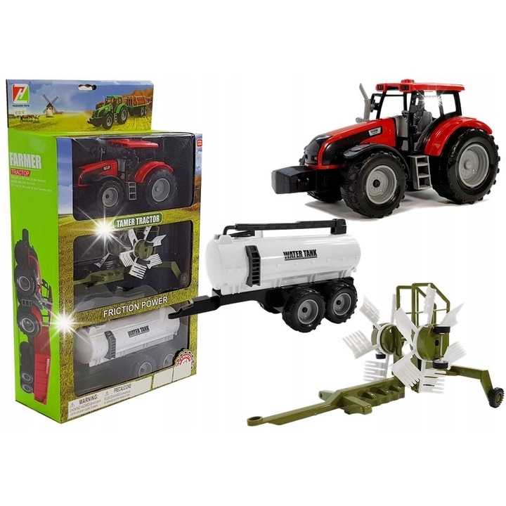 Tractor cu remorca, grebla si cisterna, LEAN Toys, rosu, 26x10.5x46cm
