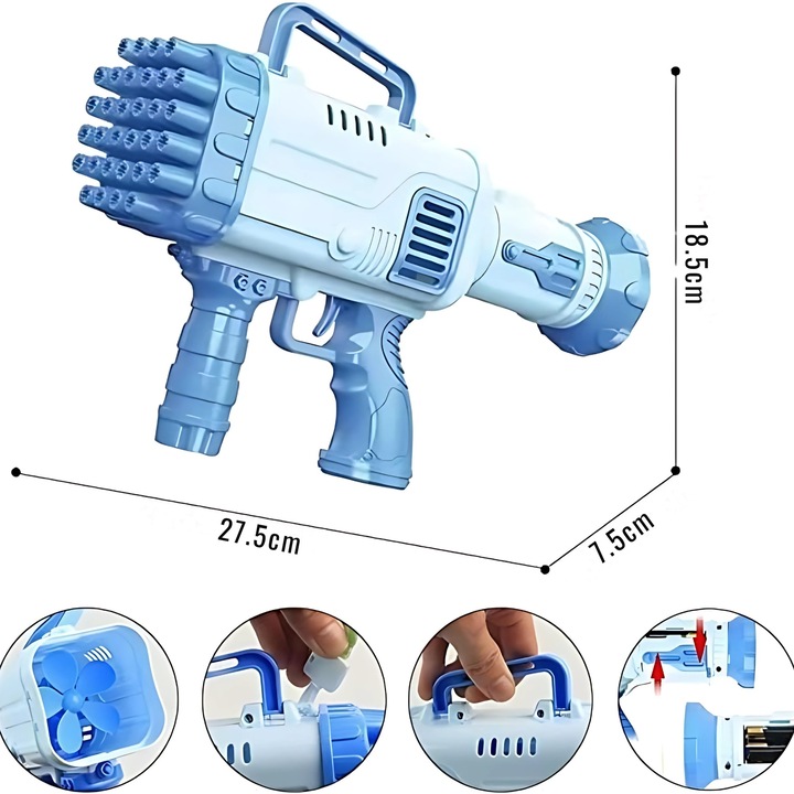 Pistol Baloane de Sapun Macvi® cu Lumini LED si Ventilator 32 Gauri Albastru