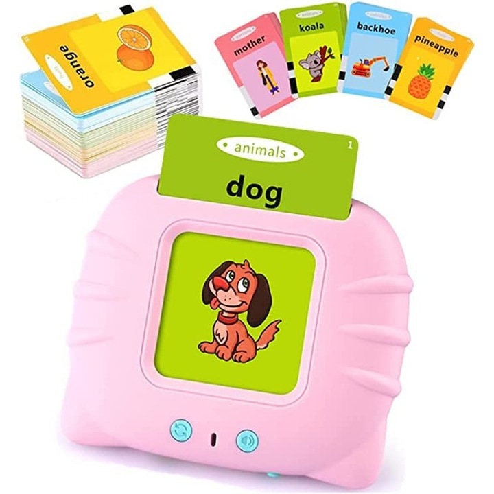 Macvi® Montessori oktatójáték angol nyelvtanuló gép flash kártyaolvasóval, 112 kártya, 224 szó, interaktív hangok, MicroUSB töltés, rózsaszín, 2 év+