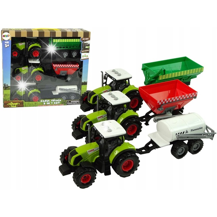 Set trei tractoare LEAN Toys cu remorci, sunete, multicolor, 35x32x10cm