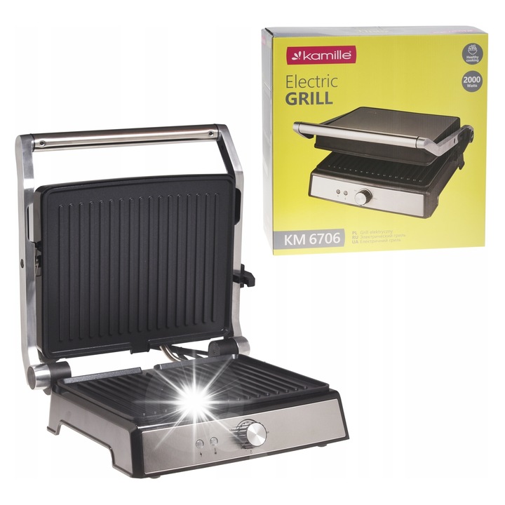 Електрически грил Kamille KM-6706, 2000W, черен, 180° отваряне