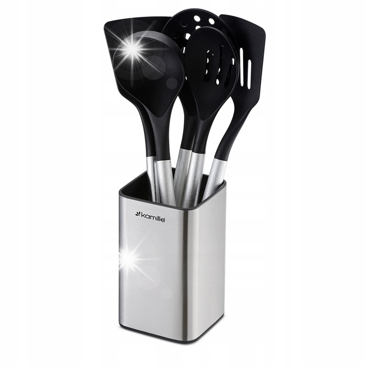 Set ustensile bucatarie Kamille 6 piese inox nylon negru cu suport