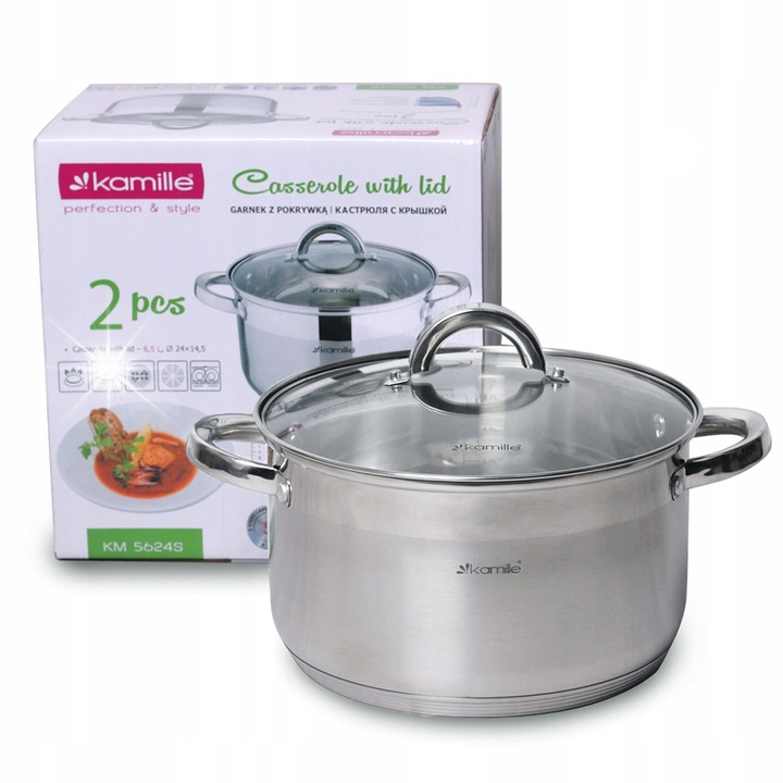 Тенджера Kamille 6,5л инокс със стъклен капак 24x14,5см