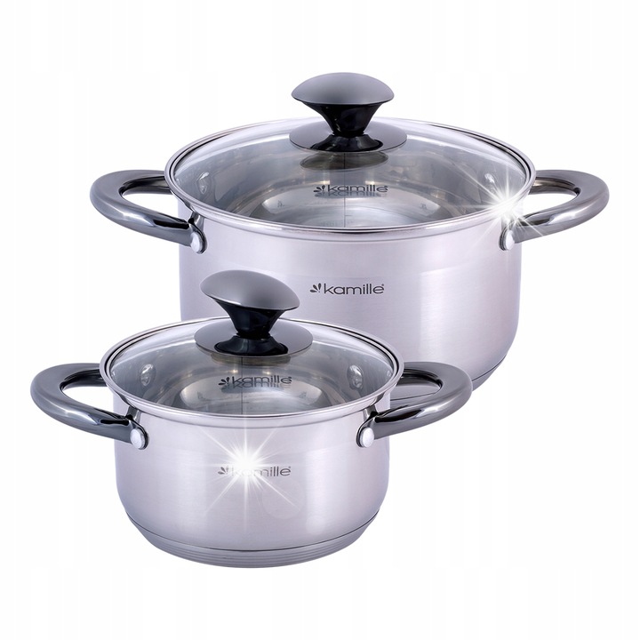 Комплект тенджери Kamille инокс, стъклен капак, 1.5л 16см x 9.5см, 3л 20см x 11.5см