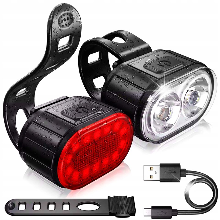 LED kerékpár lámpa szett, első-hátsó, fekete, 43x27mm, USB, IPX4 vízálló