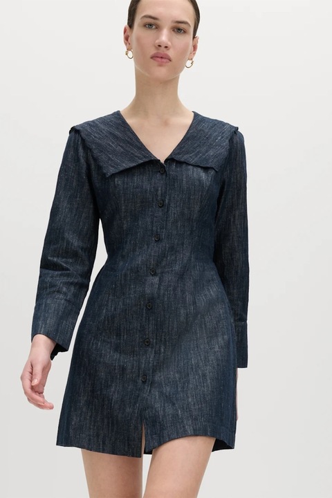 Marks & Spencer, Rochie din amestec de in cu maneci lungi, Albastru inchis melange