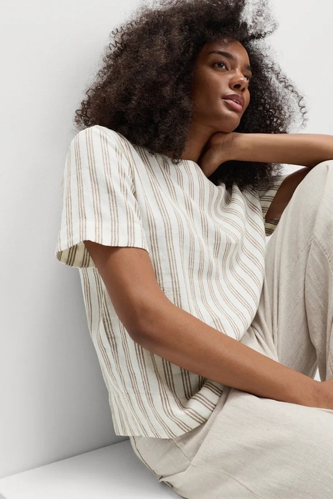 Marks & Spencer, Tricou din amestec de in, in dungi, Alb murdar/Maro pamantiu