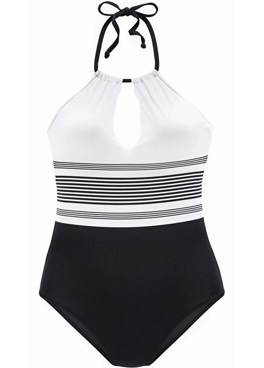Costum de baie intreg, alb-negru, modelator, stil boho, cupe detasabile, pentru dama, S INTL