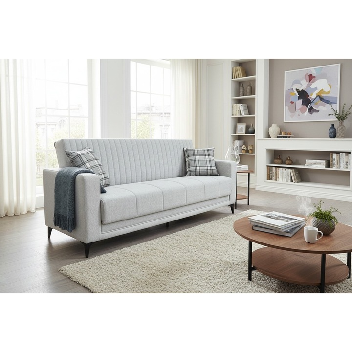 Canapea extensibila Velmora Home ROYAL, 3 locuri, material textil model Kaz Ayagi, crem multicolor, cu lada de depozitare si arcuri, 210 x 80 x 80 cm