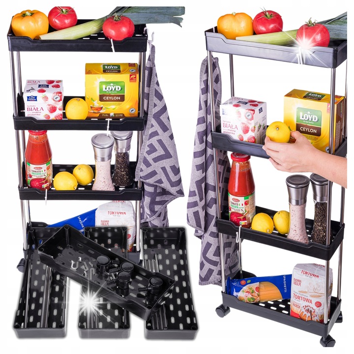 ZLARO mobil állvány 4 polccal, fényes fekete 85x38x13cm