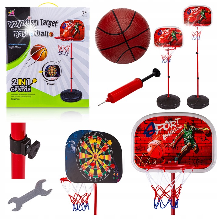 DK WT666 gyerek kosárlabda szett, mágneses darts, labda, állítható állvány, többszínű, 125x166cm