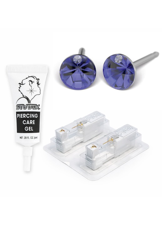 Pachet complet piercing urechi – Cercei medicinali cu dispozitiv pentru piercing Zirconia Safir 5 mm. + Gel ingrijire