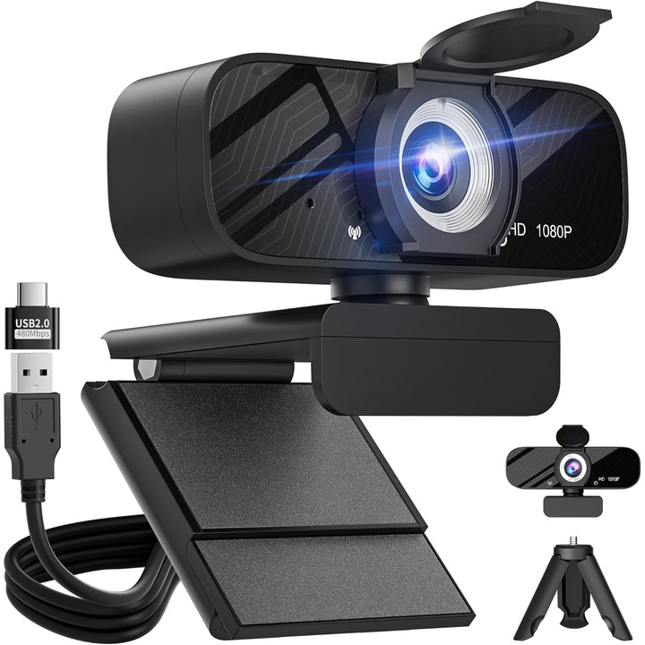 Full HD 1080p webkamera, beépített zajcsökkentő mikrofonnal, kalibrált nagylátószögű objektívvel, „plug-and-play” USB kamera, kompatibilis PC-kkel és laptopokkal, fekete színű