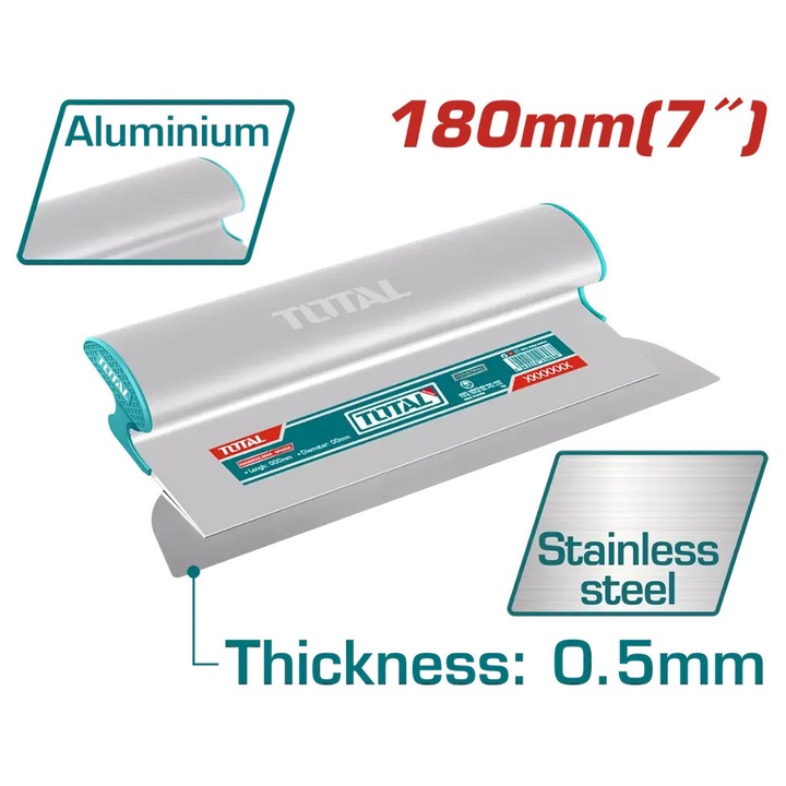 Gletiera otel inoxidabil, maner aliaj aluminiu, 180x0.5 mm