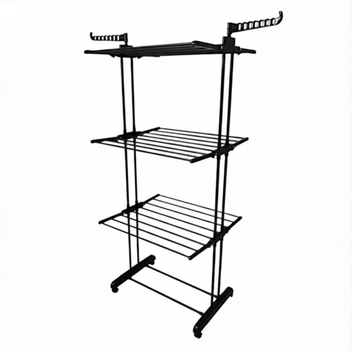 Uscator de rufe vertical pliabil VarioShop, 3 niveluri, 6 rafturi, 2 brate pentru umerase, suport rufe cu roti, pentru interior si exterior, capacitate 40 kg, negru