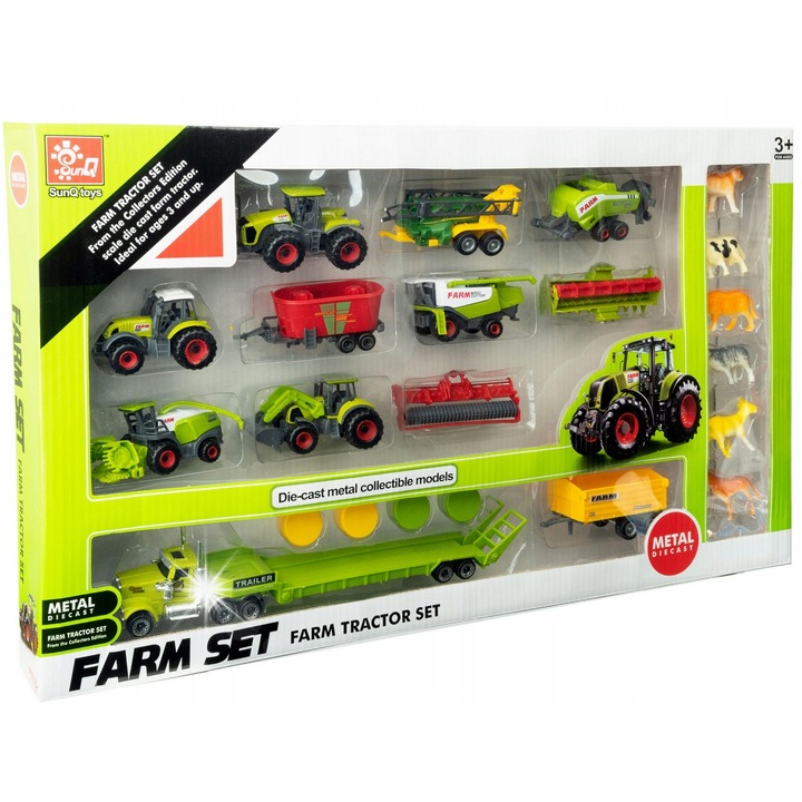 Set tractor si utilaje agricole SunQ Toys, 3 tractoare, 2 combine, 5 utilaje, 6 animale, multicolor, 24cm