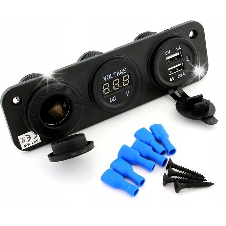 Aptel 12V szivargyújtó aljzat 2 USB porttal és voltmérővel, fekete, 150x45x55mm