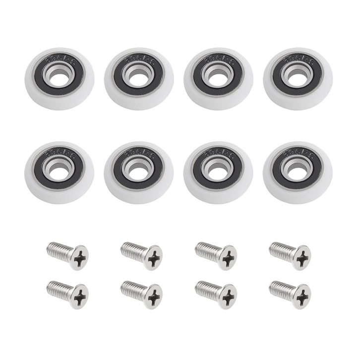8 darabos zuhanyajtó görgő készlet M5 csavarokkal, fehér ívelt vezetők excentrikus kerekekkel, csere kerekek és görgők toló üvegajtókhoz, 23 mm