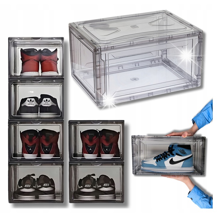 Set 6 cutii organizatoare pentru pantofi, transparent, 26x38x20cm, stivuibile