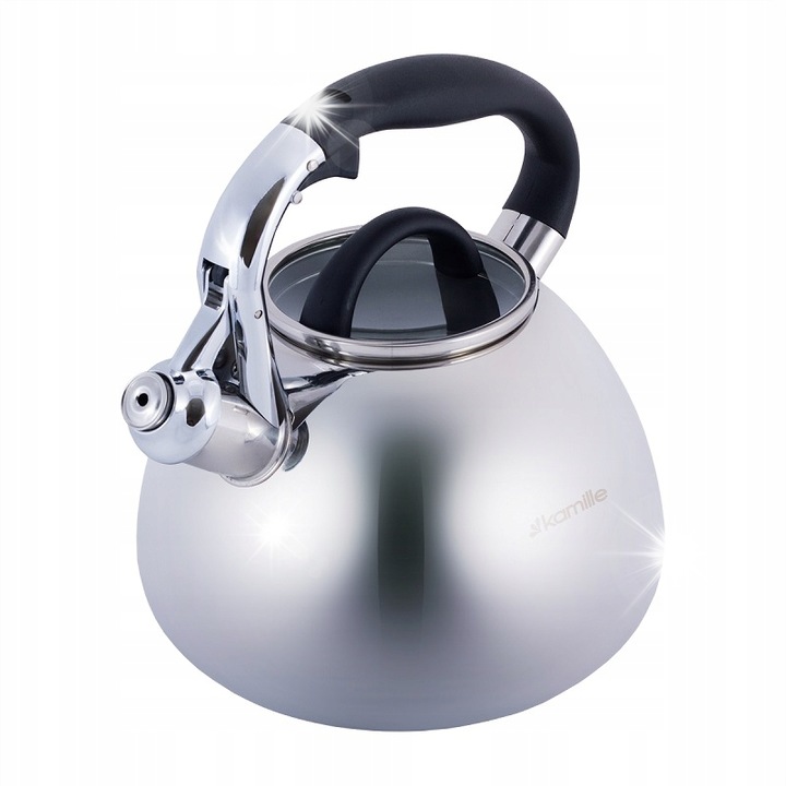 Ceaun cu fluier Kamille 2,8L inox capac sticla argintiu 22x16,5cm