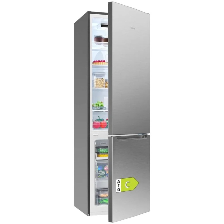 Combina frigorifica Bomann, H 176 cm capacitate totala 262 l, tehnologie compresor Inverter, tehnologie Low Frost, functie Rapid Cooling, control electronic temperatura, capacitate frigider 187, compartimnet legume/fructe, 4 rafturi ajustabile, inox