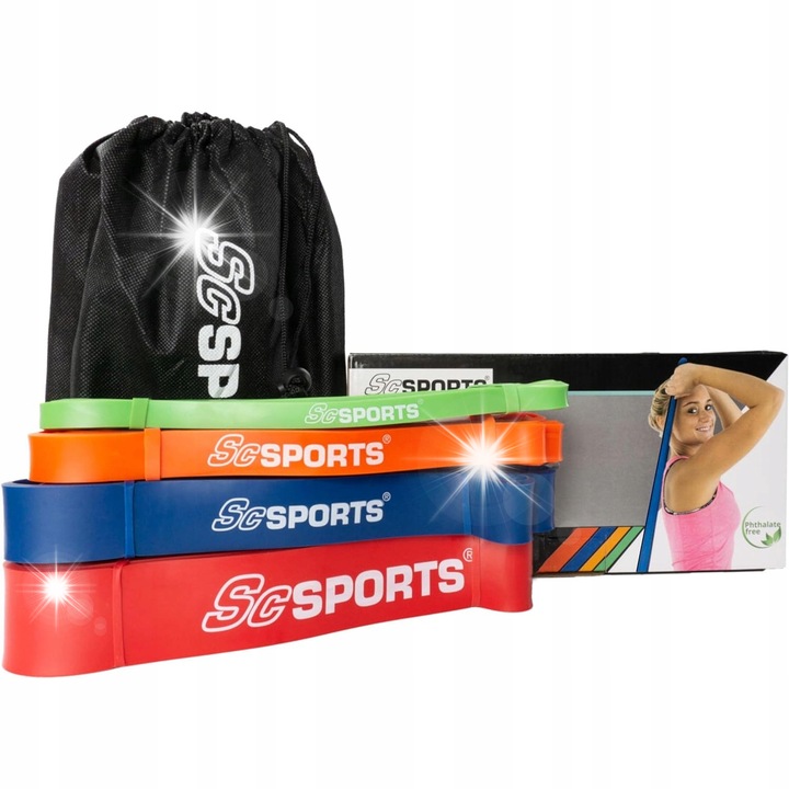 Комплект от 4 фитнес ластика Scsports, естествен латекс, многоцветни, 208x0.45x1.3-4.5см, с торбичка