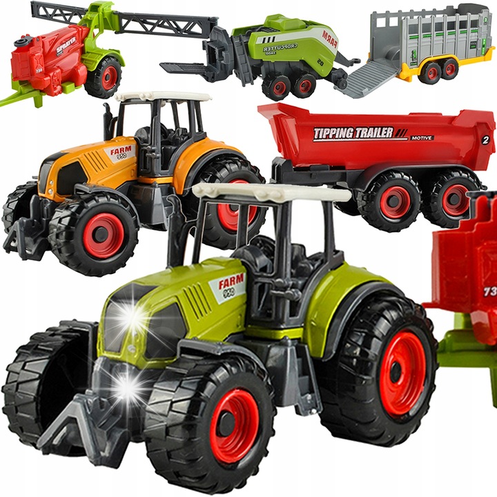 Set utilaje agricole, Kruzzel, tractoare, remorca, presa, multicolor, 35x6,8cm