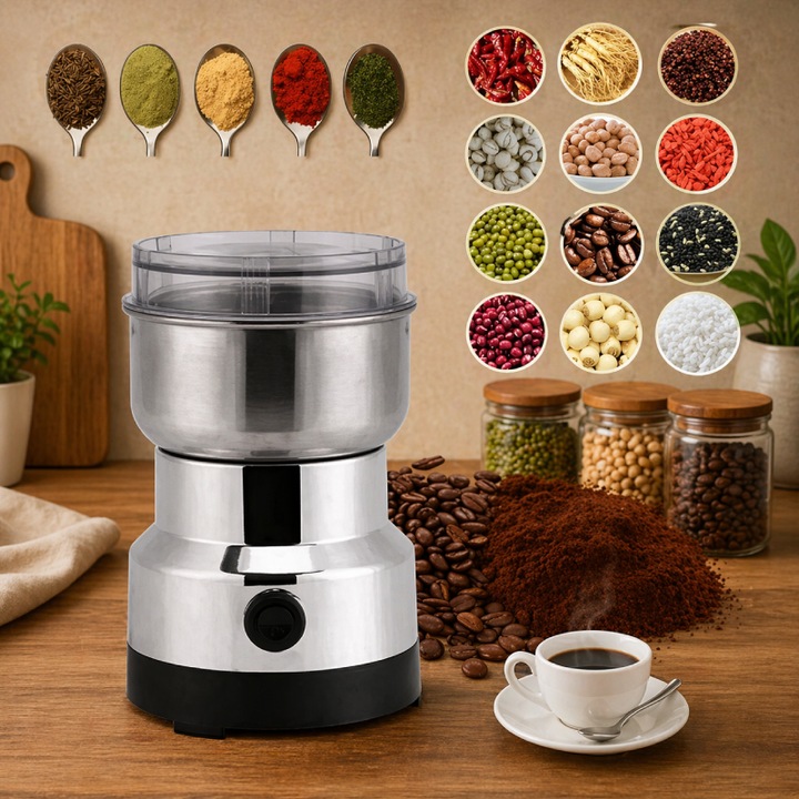 Rasnita electrica cafea si condimente 80W, Bol inox, Lama metalica, Macinare rapida, Protectie supraincarcare, Utilizare sigura, Design compact