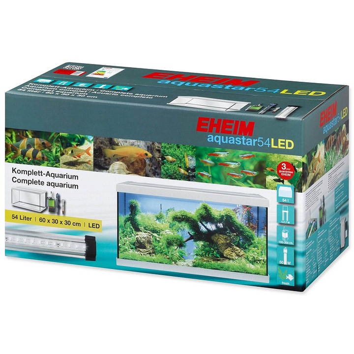 Acvariu complet EHEIM Aquastar 54 LED, cu iluminare LED 7,7W, filtru intern EHEIM si incalzitor incluse, alb, 54 l, 60x30x30 cm