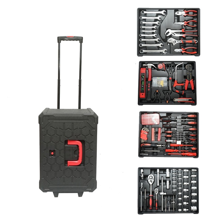 Trusa scule profesionala 187 piese tip troler ABS si aluminiu, gri-negru, set complet crom vanadiu cu roti si maner telescopic pentru atelier si interventii mobile