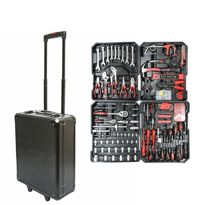 Set scule multifunctional 187 piese in troler rigid ABS si aluminiu, unelte profesionale crom vanadiu, kit complet cu roti si maner extensibil pentru reparatii si mentenanta