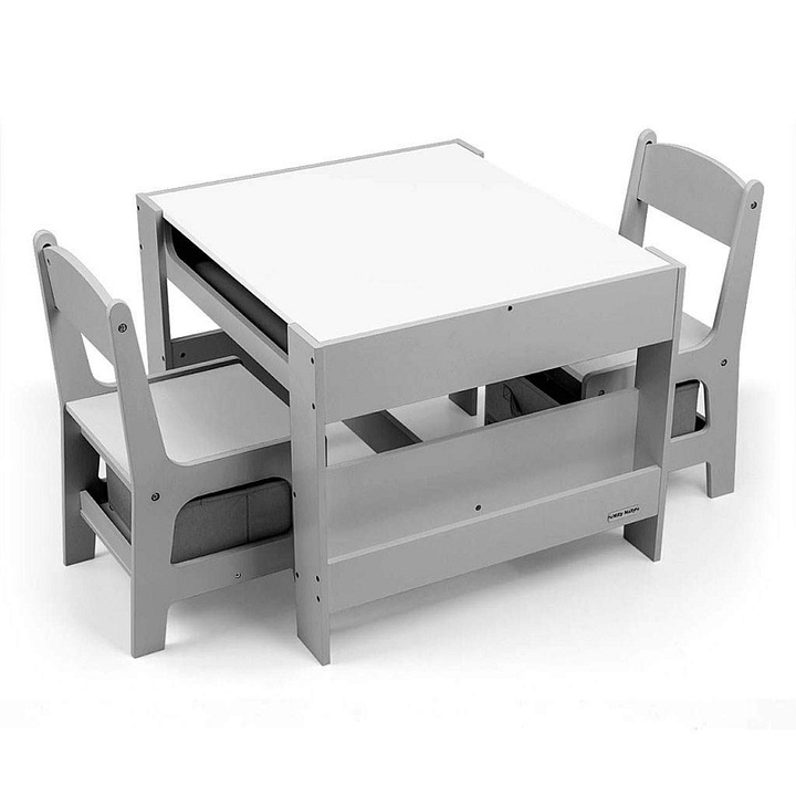 Set mobilier copii Milly Mally Sven, masa si 2 scaune, gri, 63x57x48.5cm