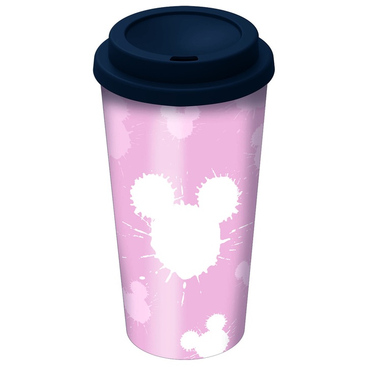 STOR Mickey Mouse utazóbögre, csavaros tetővel, BPA-mentes, mosogatógépben és mikrohullámú sütőben nem ajánlott, rózsaszín/sötétkék, 520 ml