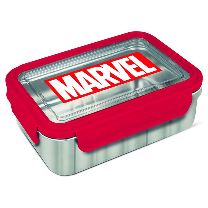 STOR Marvel uzsonnás doboz/ételtartó, rozsdamentes acél, légmentesen záródó szilikon tömítéssel, piros/ezüst, 1020 ml