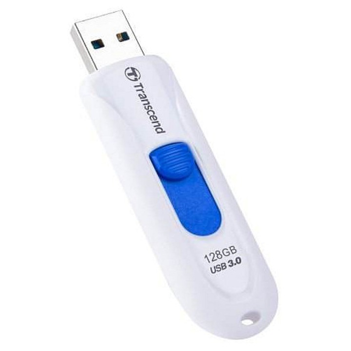 Transcend JetFlash 790W USB pendrive, USB 3.1 Gen 1, kupak nélküli, visszahúzható csatlakozó csúszkával, zsinórlyuk, Fehér/Kék, 128 GB