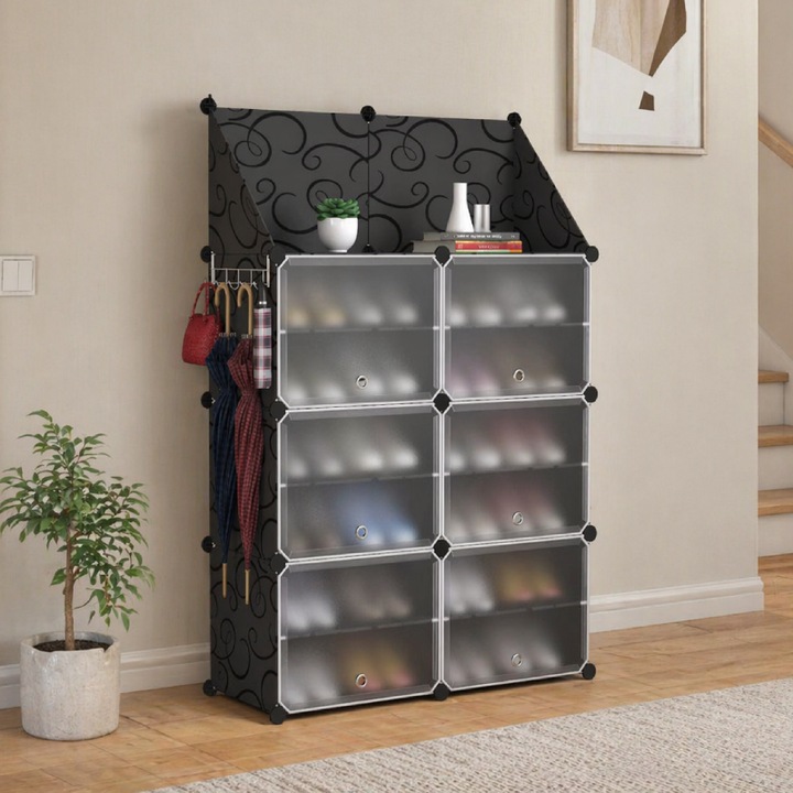 Organizator dublu pantofi cu suport accesorii, 12 compartimente, Montaj rapid, Material rezistent, Impermeabil