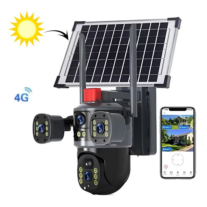 Camera Supraveghere Video 4K UltraHD SIKS, 4 Lentile Filmare, SIM 4G, Panou Incarcare Solara, WiFi, 12MP, Slot MicroSD, Rotire 360 Grade, Vedere Nocturna Smart IR, Senzor De Miscare, Comunicare Bidirectionala, Alarma, Rezistenta La Apa, T3602, Neagra