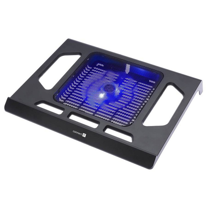 Connect IT Breeze laptop hűtőpad, 13 cm-es ventilátor kék LED-del, USB tápellátás, 17 hüvelykig kompatibilis, fekete, 295x350x50 mm