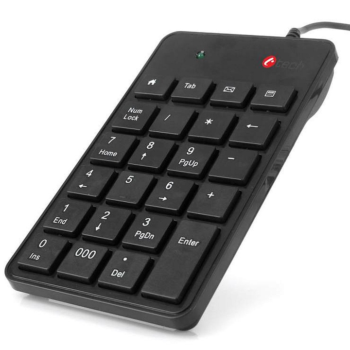 Tastatura numerica C-Tech KBN-01, цифрова клавиатура, USB, 23 бутона, с бутони Home/Tab/Email/Calculator, тънка, кабел 1,4 м, многоезична, черна