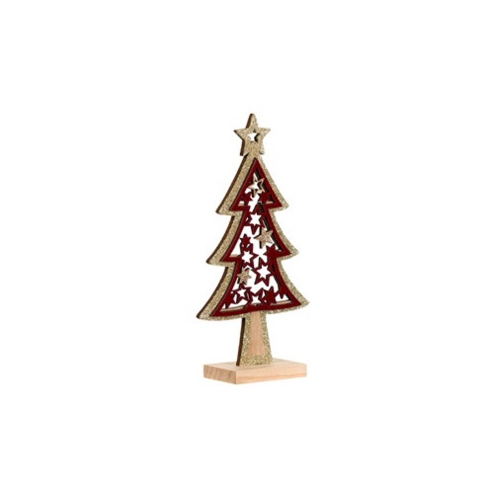 Decorațiune de Crăciun din lemn, brad catifelat roșu cu glitter auriu, 19cm