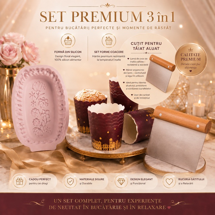 Set Premium 3 in 1 pentru Bucatarie si Relaxare – Forma Silicon Florala, Set Forme Coacere Muffins si Cutit Profesional pentru Taiat Aluat